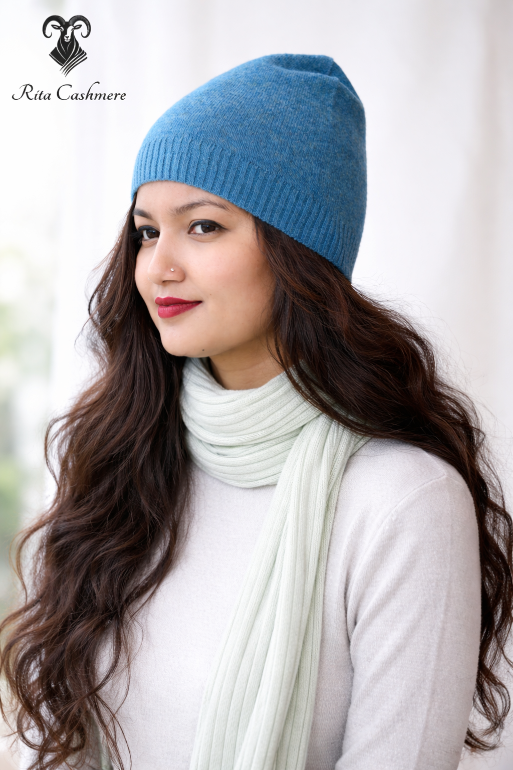 Blue Fine Rib Cashmere Hat